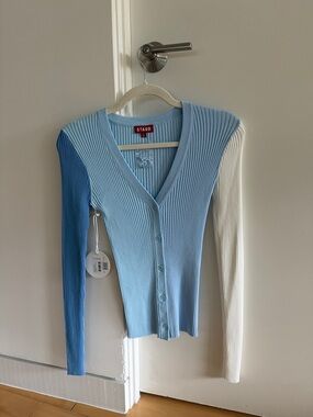 STAUD Two-Tone Ribbed V-Neck Cardigan in Light Blue, Royal Blue & Cream